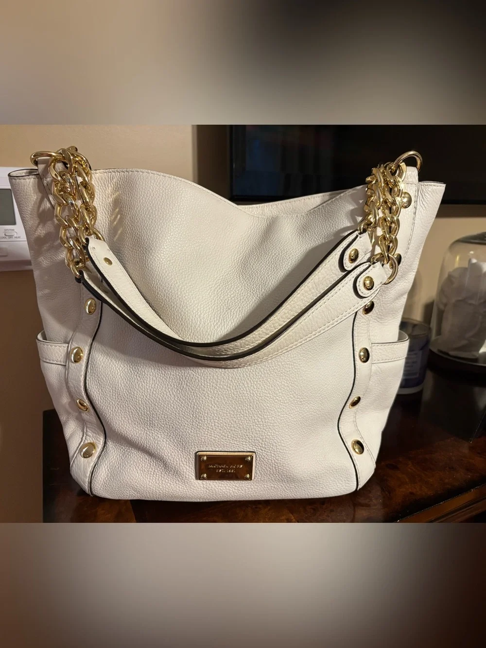 Michael Kors White Pebbled Leather Shoulder Tote with Gold Chain Detail